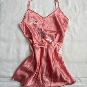 coquette pink satin slip dress with floral embroidery